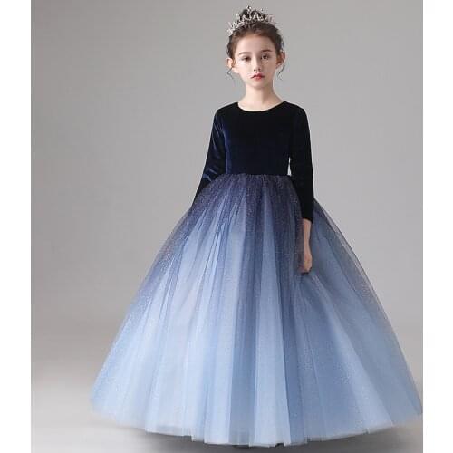 Flower Girl Dresses Princess Luxury Sequined Floor-Length Full O-Neck Gradient Color Lace Tulle Ball Gown Kids Party Skirt H044