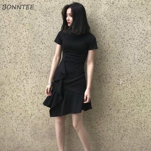 Dresses Women Solid Black O-Neck Short Sleeve Mini Ruffles Sheath Sexy Kroean Style Casual New Summer Female Preppy Students Hot