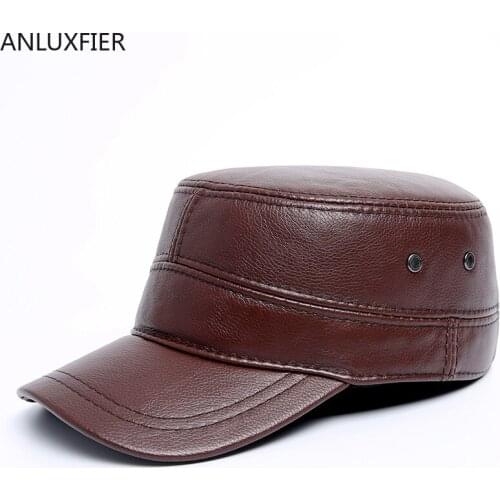 H7001 Genuine Leather Men Hat Warm Earmuffs Autumn Winter Visor Cap Sheepski Male Flat Cap Fashion High Quality Hats