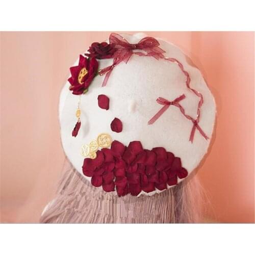 Gothic Lolita Girl Red Rose Beret Cap Gear Punk Rose Hairpin Earring Women Painter Beret Cap Hair Accessories B1453