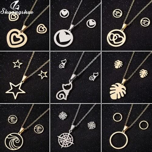 Shuangshuo Double Heart Necklaces Pendants Jewelry Sets Stainless Steel Earrings for Women Animal Cat Star Wave Wedding Jewelry