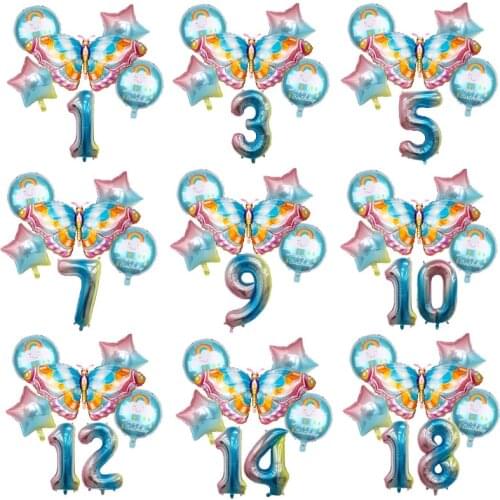 Blue Colorful Butterfly Balloon set 32inch Gradient Number Balloons Rainbow Cloud Birthday Globos Children‘s Birthday Decoration