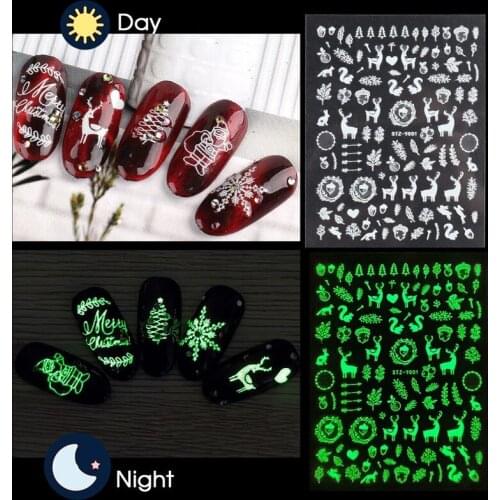 Nail Art Decorations Christmas Winter Glow In The Dark Stickers for Nails 5D Snowflake Deer Luminous Sliders Nail Decor Polish