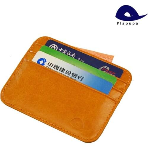 Plapupa 100% Cow Leather Plus Size Vintage Card Holder Horizontal Glossy credit Round Corner Genuine Leather card wallet
