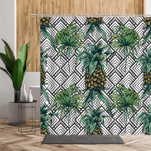 Pineapple Shower Curtain Green Leaf Creative Bathroom Curtains Geometric Backdrop Printed Fabric Waterproof Home Bath Decors Set