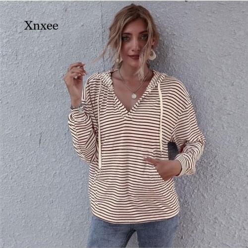 Autumn Womens Hooded Striped T-Shirt Long Sleeve Casual Fashion Ladies Street Pullover Top