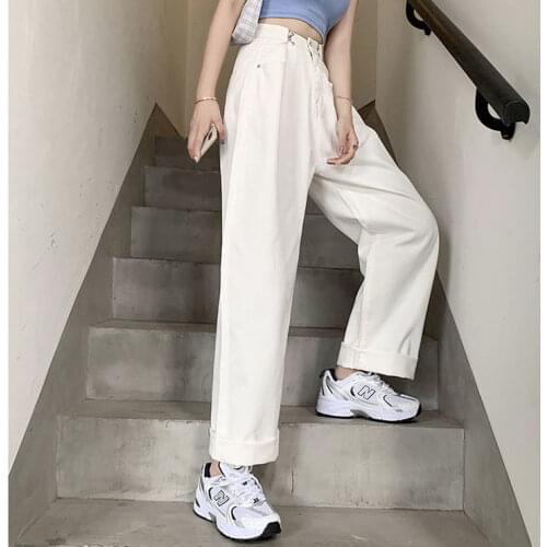 Female Wide-Leg Streetwear Spring Trousers High Waist Loose Korean Jeans for Women Straight Pants Mom Jeans White Boyfriend