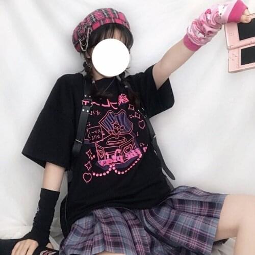 Women Vintage Korean Short Sleeve Cute Black T Shirts Egirl Soft Sister Tee Shirts Japanese Sweet Kawaii Cartoon Print T Shirt