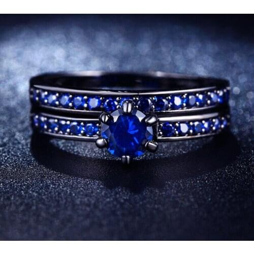 Hainon Fashion Round Cut Blue Zircon Ring Set For Women Wedding Sets Black Gold Filled September Birthstone Rings