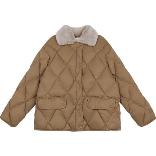 PERHAPS U Women Black Khaki Apricot Cotton Coat Zipper Pocket Turn Down Collar Loose Womens Down Jacket C0457