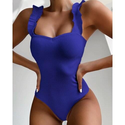 2021 New Sexy Female Swimsuit Vintage One Piece Ruffled Push Up Solid Swimwear Women Monokini Padded Bathing Suits Bodysuits