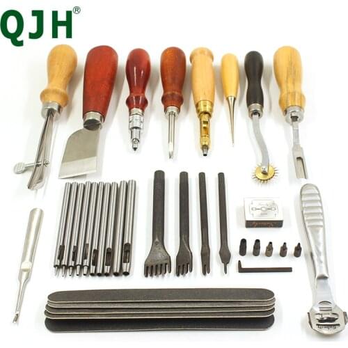 30pcs DIY Leather Craftwork Tool Set Leather Groover Edge Cutter Hole Punching Sanding Strips Leather Strap Hole Puncher Tool