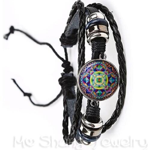 Handmade Om YOga Symbo Bracelet Buddhism Mandala 20mm Glass Dome Sacred Geometric Figure Combination Adjustbale Bangle