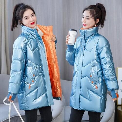 Long Coat Women Winter Puffer Jackets Fashion Stand Collar Glossy Windproof Warm Patchwork Casaco Feminino Inverno plus size 3XL
