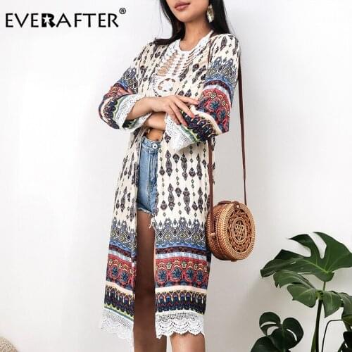 EVERAFTER Beach Cover Up Vintage Floral Print Women Shirt Lace Patchwork Kimono Beach Cardigan Summer Holiday Female Blouse Tops