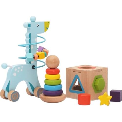 The 612-month-old baby wooden toy is shaped to match the early development of a three-piece set of toys around a rainbow stackin