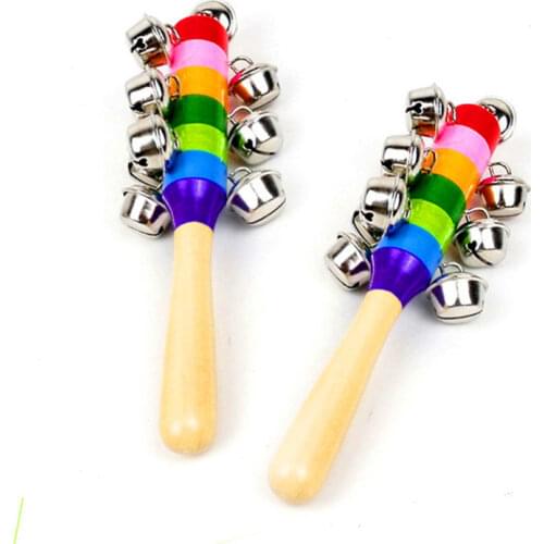 Hot Sale 1Pcs 18cm Baby Wooden Rattle Rainbow Color Hand bell Baby Rattles Jingle bells Infant Shaker Rattle Educational Toys