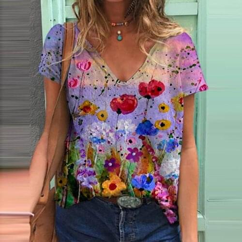 Harajuku Plus Size T Shirt Women Flora Printed Beach Tops Tee Short Sleeve V-neck Pullover Casual Blouse Блузка Женская