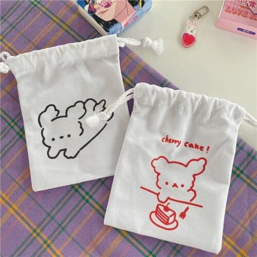 INS Cartoon Cake Puppy Pen Bag Canvas Simple Cosmetics Storage Bag Drawstring Bag Kawaii Pencil Case School Supplies Stationery
