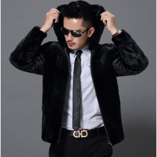 Marten winter overcoat thicken thermal leather jacket men casual straight mens short design mink hair faux coats hooded black