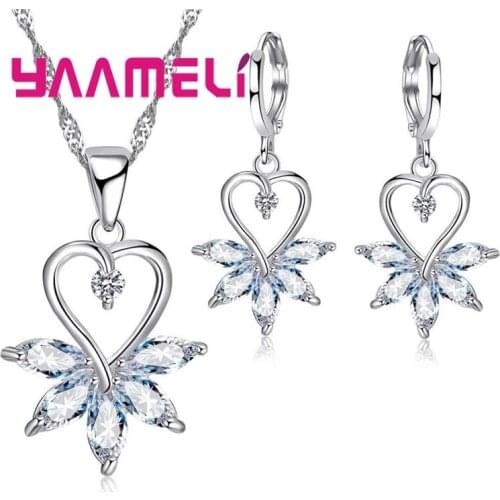 New Brand Romantic Jewelry Sets 925 Sterling Silver Color Necklace&Pendant/Earring Crystal Heart Jewelry Set