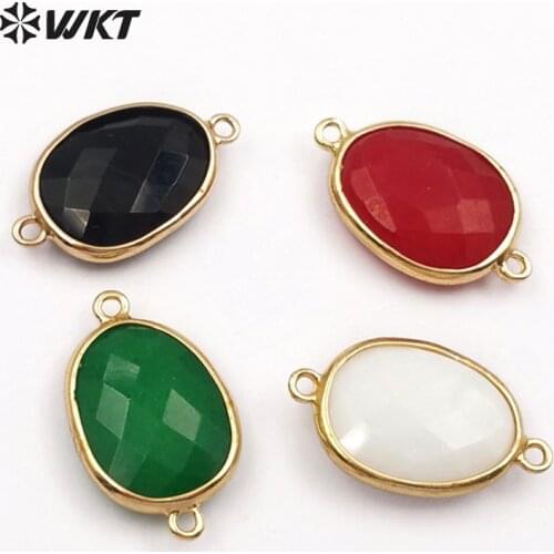 WT-C257 Oval Shape Natural Stone Connector Faceted Stone With Gold Trim Double Loops Connector For Women Stylish Jewelry Making