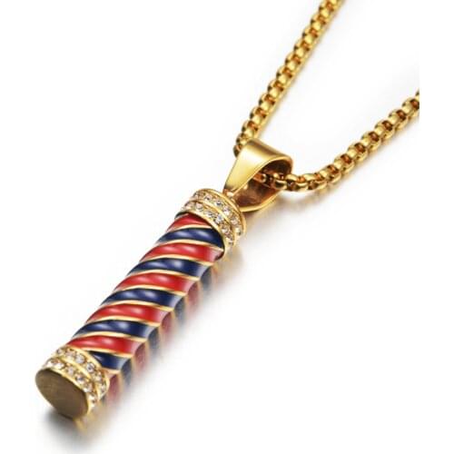 Hiphop Iced Out Barber Pole Lamp Pendant Necklaces For Men Male Gold Color Stainless Steel Chains Mens Hip Hop Jewelry Gift