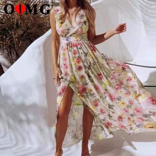 OIMG Floral Print Split Maxi Dresses Women Boho Cotton Beach Holiday Sexy V Neck Long Tank Dress Elegant Lady Clothes 3xl 10345
