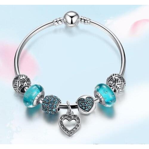 Romantic Vintage Bracelets Silver Plated Heart Pendant Charm Bracelets & Bangle with Blue or Red Beads for Best friend Jewelry