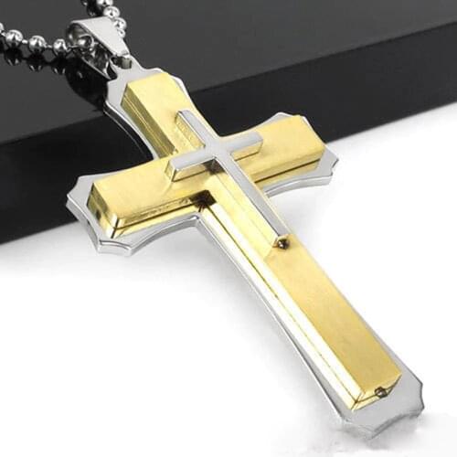 Luxury Gold Stainless Steel Male Cross Necklace Mens Fadeless Pendant Prayer Jewelry Gift