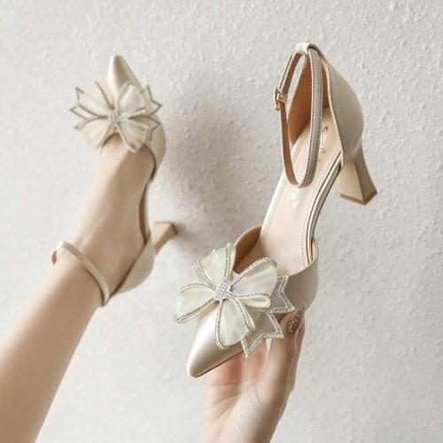 Ladies Fashion High Quality Buckle Stiletto High Heels Office Ladies Work Shoes Simple Party Shoes Bow Mid Heels Ladies Sandals