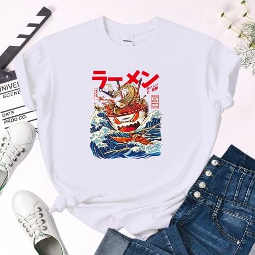 Women Tee Shirt Crazy Ramen On The Sea Cartoon Print Tees Woman Oversized Round Neck Top Soft Kawaii Skin-Friendly Funny Tees