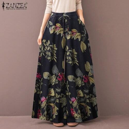 2021 Plus Size Women Pants Spring Vintage Floral Printed Wide Leg Trousers S-5XL ZANZEA Casual High Waist Loose Long Pantalon