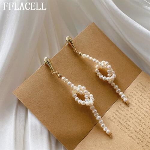 New Minimalism S925 Trendy Vintage Metal Geometric Knotted Freshwater Pearl Long Stud Earrings for Women Girls Jewelry Gifts