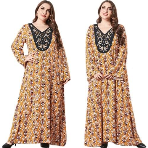 Women Casual Loose Long Dress Abaya Muslim Print V-neck Maxi Robe Arab Long Sleeve Spring Embroidery Kaftan Dress Islam Vestidos