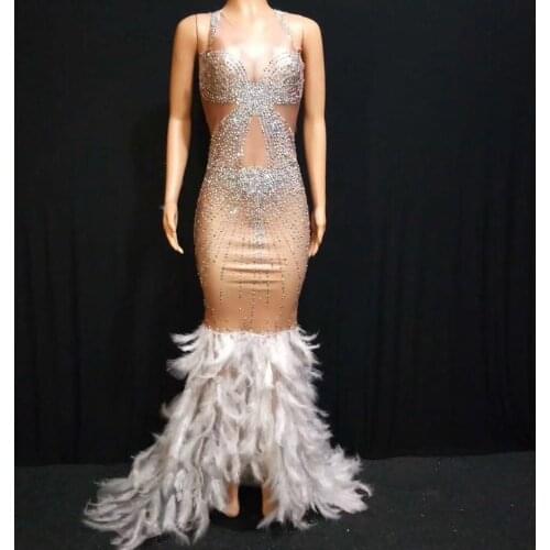 Women New Fashion Design White Feather Nude Mesh Stones Dress Birthday Celebrate Transparent Net Dress Evening Costume Dress