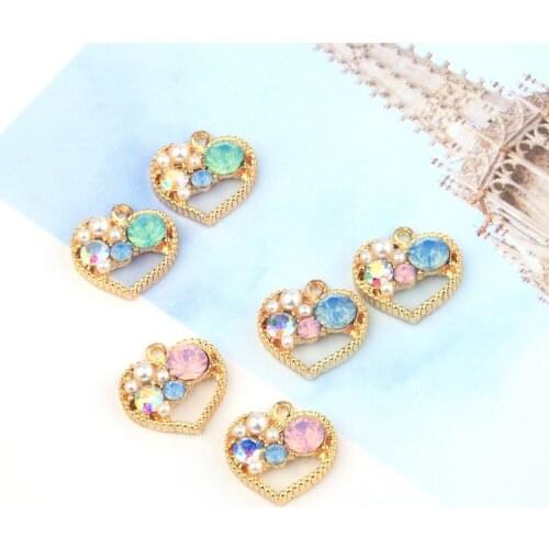 10pcs Colorful Rhinestone Love Pendant Charms Heart-shaped Earring Making Metal Pendant Bracelets Hair Jewelry Accessory YZ501