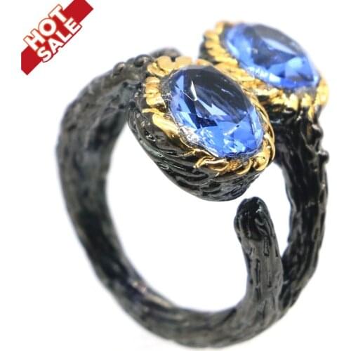 21x13mm Sublime Antique Vintage Created Violet Tanzanite Gift For Ladies Black Gold Silver Rings