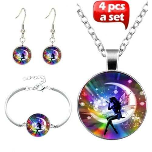 4Pcs/Set Rainbow Fairy Photo Glass Cabochon Fashion Jewelry Set Chain Necklace Bracelet Earring Jewelry for Women Best Gift