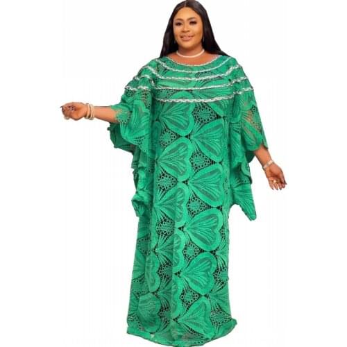 African Lace Maxi Dress Women Robes 3/4 Sleeve Loose Boubou Fashion Solid Hollow Out Streetwear African Traditional Dresses Gown