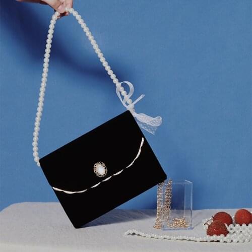 Retro Black Velvet Clutch Bag for Women Wedding Purse and Handbag Elegant Pearl Chain Party Small Shoulder Bag ZD1957