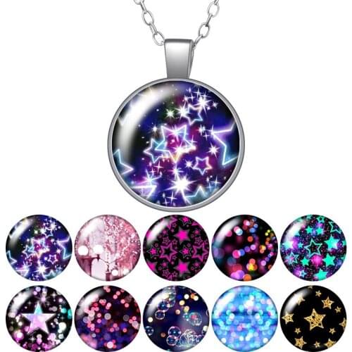 Shinning Stars Colorful bubble patterns Round Pendant Necklace 25mm Glass Cabochon Silver color Jewelry Women Birthday Gift 50cm