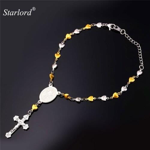 Starlord Jesus Cross With Saint Benedict Bracelet Stainless Steel Men/Women Heart Hand Link Chain Gold Color Bracelet GH2259