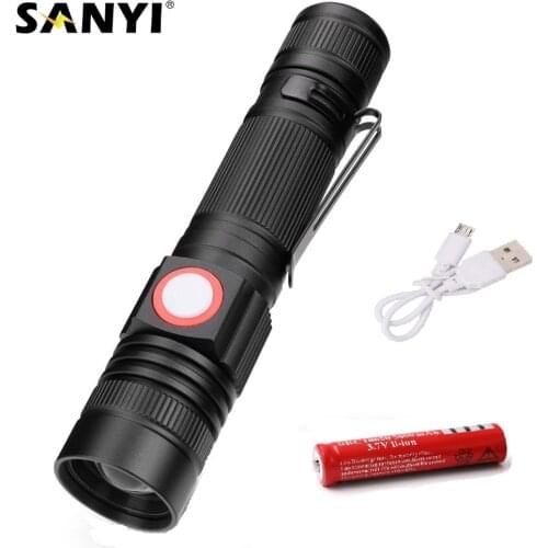 Sanyi USB Rechargeable Flashlight 3 Modes LED Tactical Flashlights Zoomable Focus Torch USB Charging 18650 Lantern For Fishing