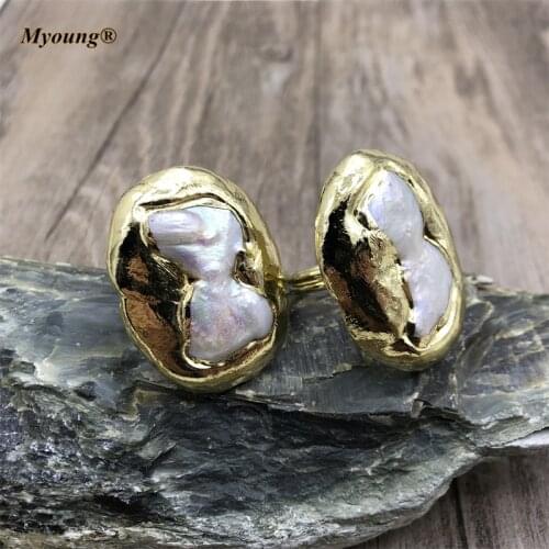 Large Gold-Plated Natural White Freshwater Pearl Adjustable Rings Jewelry For Women Girl Gift MY210613