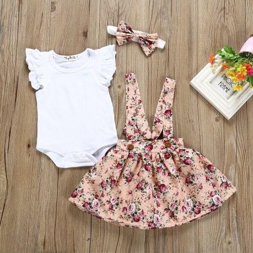 Newborn Infant Baby Girl Clothes Sets White Romper+Flowers Print Dress Headband Outfit Summer Overall Clothes