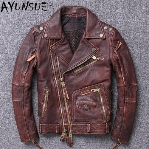 AYUNSUE New Fashion Mens Leather Jacket Vintage Cowhide Leather Coat for Men Style Short Cool Jackets Casaco Masculino SQQ343
