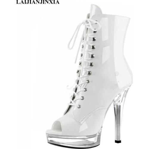 LAIJIANJINXIA New 13cm Super High Heels Fish Mouth Lace-up Short Boots Patent Leather Crystal Waterproof Platform Dance Shoes