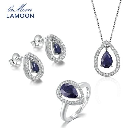 LAMOON Teardrop 100% Real Blue Sapphire Sterling Silver S925 Fine Jewelry Set For Women Water Drop Earring Ring Necklace V040-2