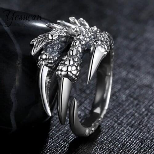 Yesucan Man Punk Rock rings Adjustable Dragon Claw Ring Mens Biker Rings Vintage Gothic Jewelry Silver Plated Hiphop Party Gift